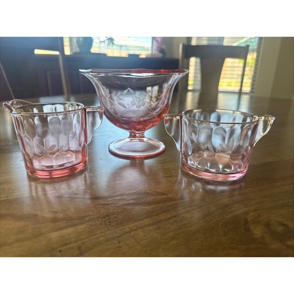 Vintage Etched Rose Pink Depression Glass Creamer/Sugar, Candy Set 1920's 1930's
